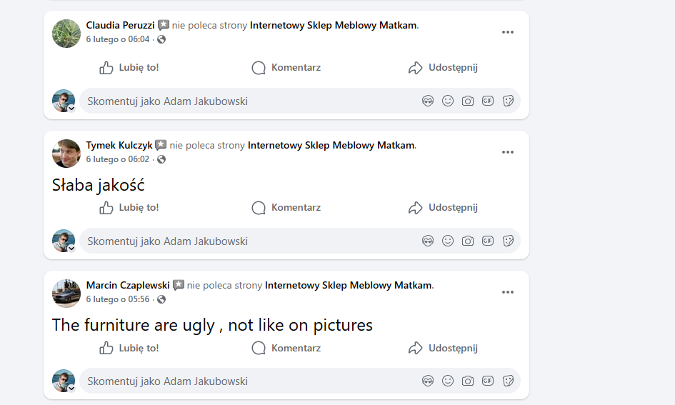 Opinie na FB — zrzut 1