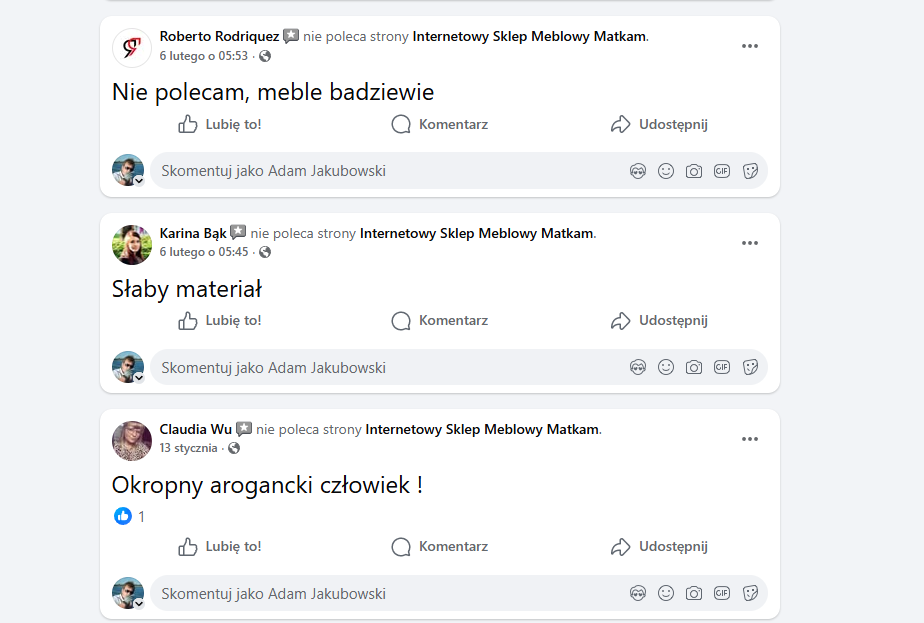 Opinie na FB — zrzut 2