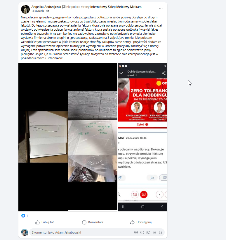 Opinia Angeliki Andrzejczak na Facebooku