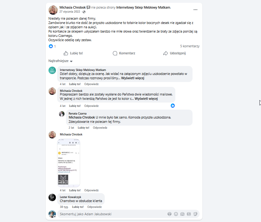 Opinia Michasi Chrobok na Facebooku