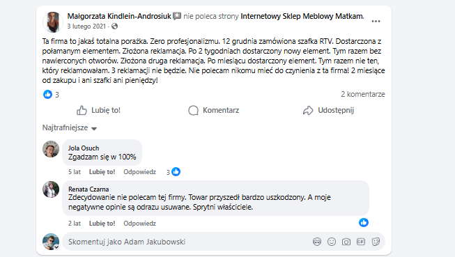 Opinia Małgorzaty Kindlein-Androsiuk na Facebooku