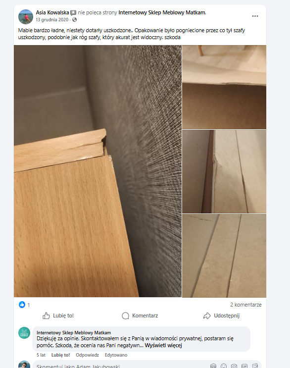 Opinia Asi Kowalskiej — uszkodzone meble ze zdjęciami