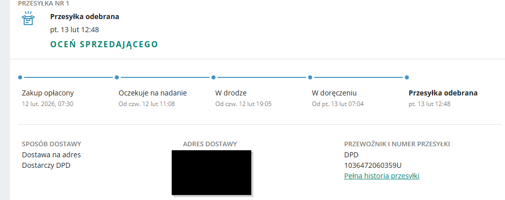 Historia przesyłki DPD - zakup 12.02 o 07:30, dostawa 13.02 o 12:48